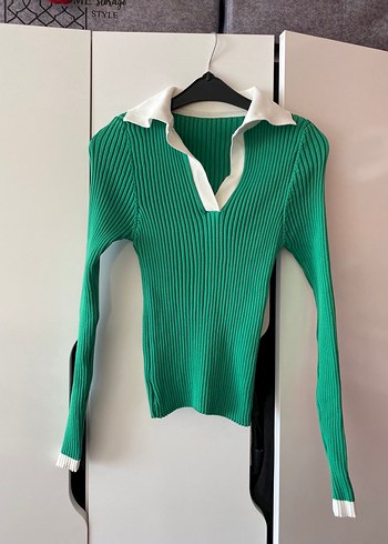 Yeşil Beyaz Yakalı Triko Kadın Kazak - Görsel 2