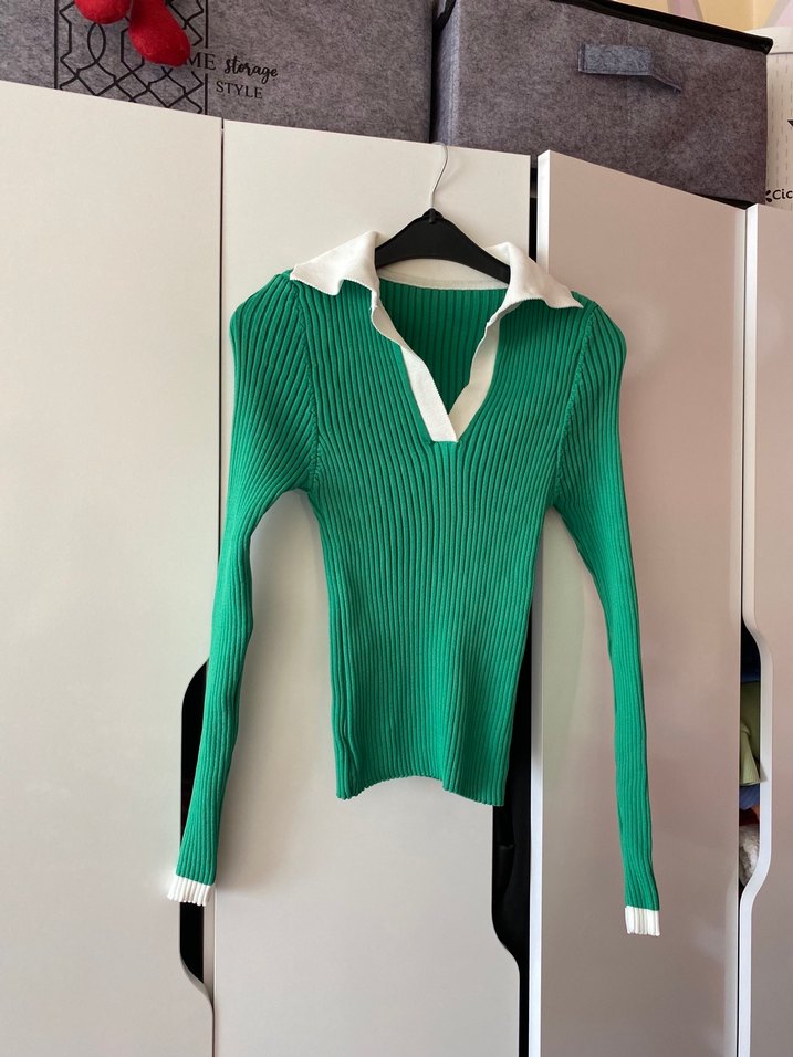 Yeşil Beyaz Yakalı Triko Kadın Kazak - Görsel 4