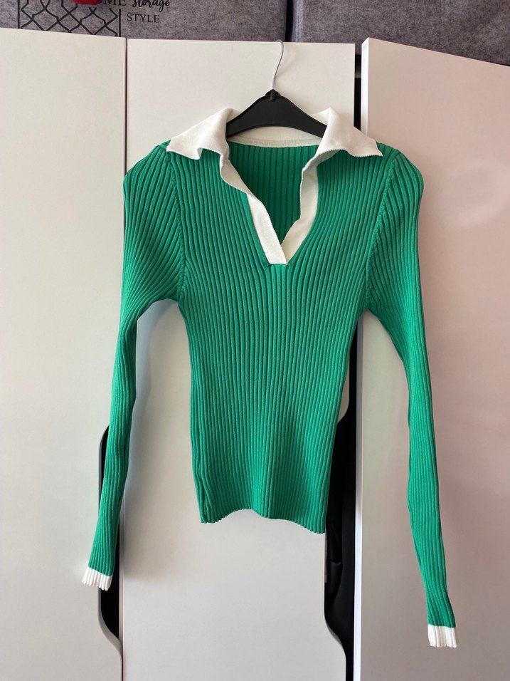 Yeşil Beyaz Yakalı Triko Kadın Kazak - Görsel 2