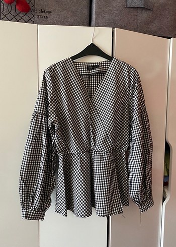 Kareli V Yaka Kemerli Kadın Bluz - Görsel 5