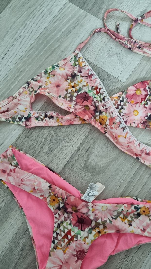 Çiçek Desenli Pembe İp Askılı Bikini Takımı - Görsel 2