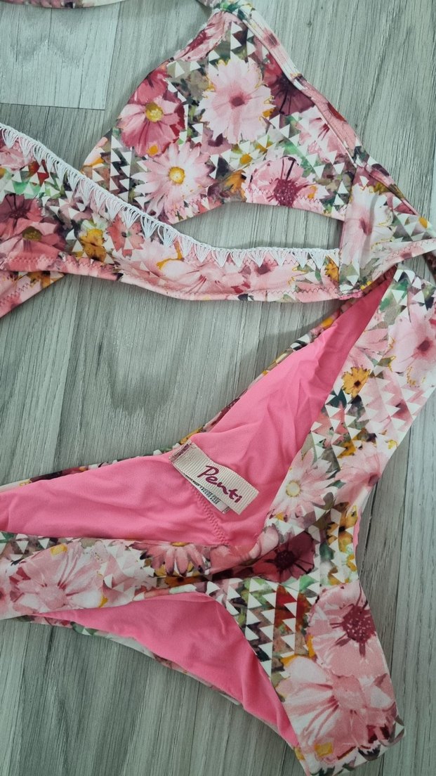 Çiçek Desenli Pembe İp Askılı Bikini Takımı - Görsel 3