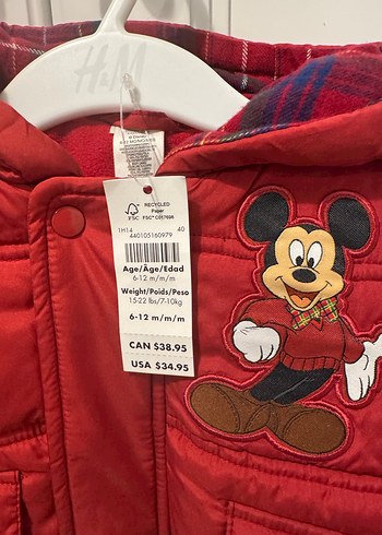 9-12 Ay Beden DİSNEY Kırmızı Kapüşonlu Unisex Çocuk Mont