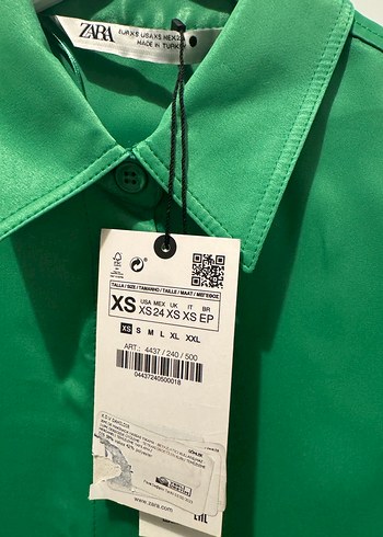 ZARA Düğmeli Yeşil Saten Kadın Gömlek - Görsel 3