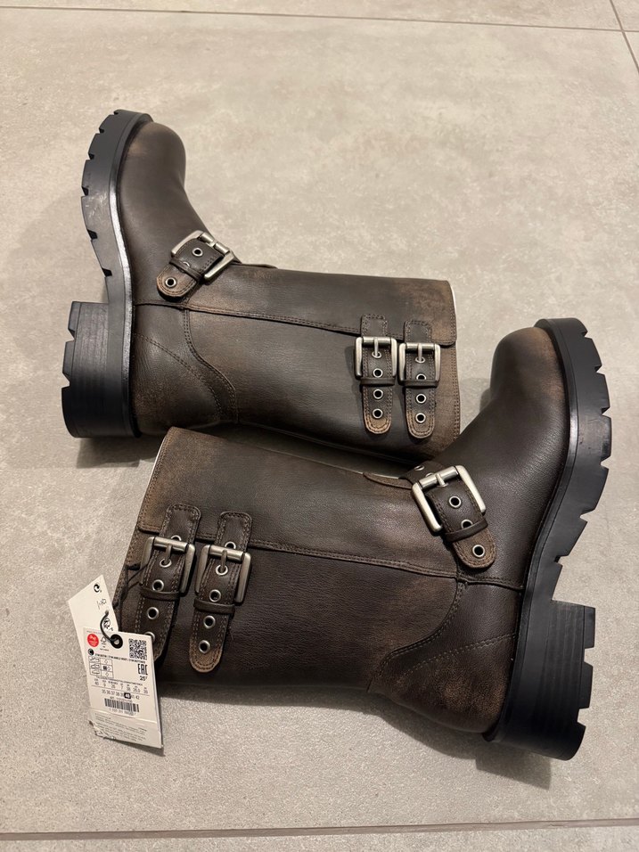 Zara Sıfır Koyu Kahverengi Deri Orta Boy Çizme — görsel 3/10