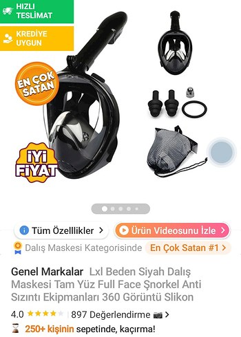 Siyah Tam Yüz Dalış Maskesi Velcro Kayışlı - Görsel 10