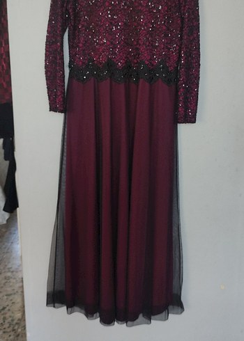 44 Beden bordo Renk Bordo Uzun Kollu Drapeli Abiye Elbise