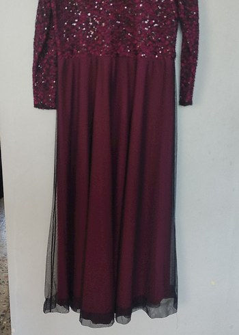 Bordo Uzun Kollu Drapeli Abiye Elbise