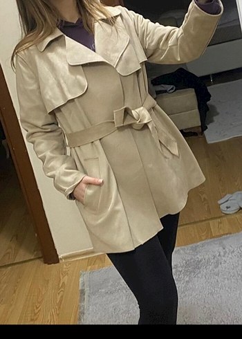 Bej Süet Kadın Midi Trençkot - Görsel 2