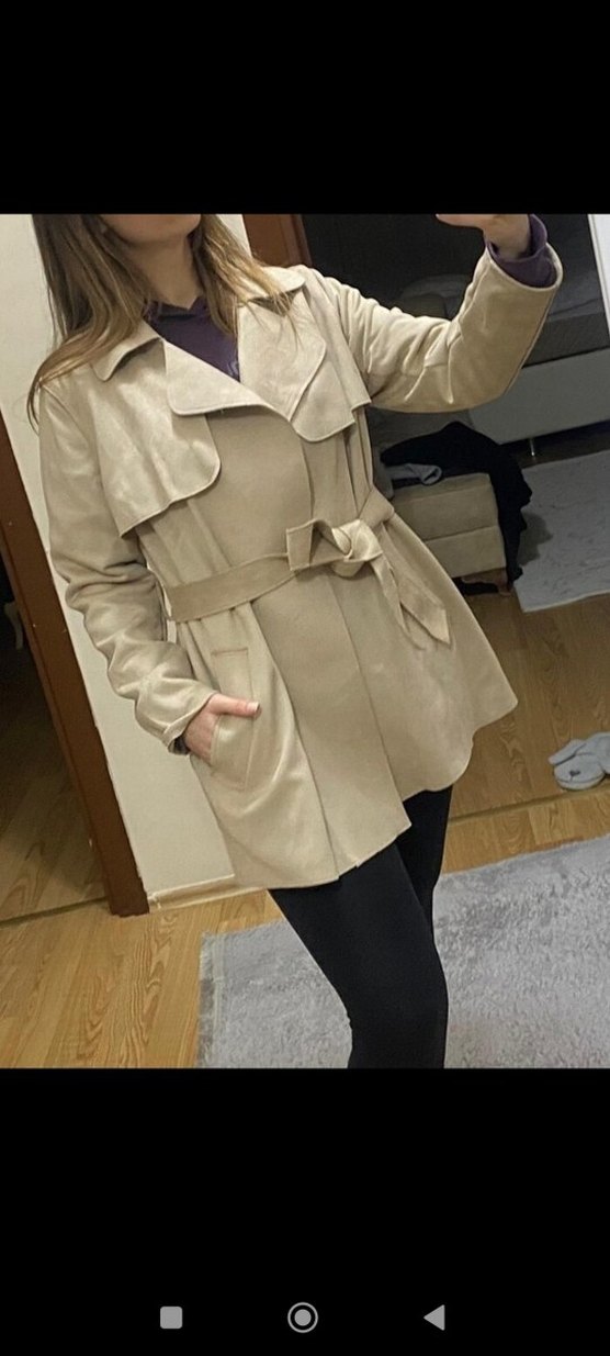 Bej Süet Kadın Midi Trençkot - Görsel 2