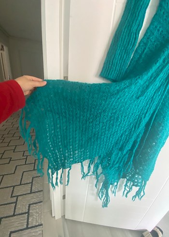 Uzun Turkuaz V Yaka Örgü Elbise - Görsel 5