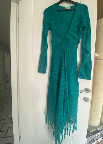 Uzun Turkuaz V Yaka Örgü Elbise - Görsel 2