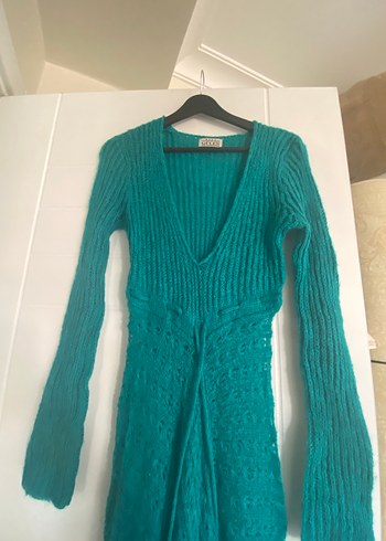 Uzun Turkuaz V Yaka Örgü Elbise - Görsel 4