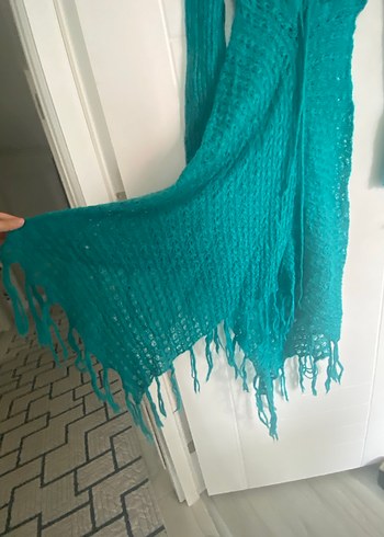 Uzun Turkuaz V Yaka Örgü Elbise - Görsel 3