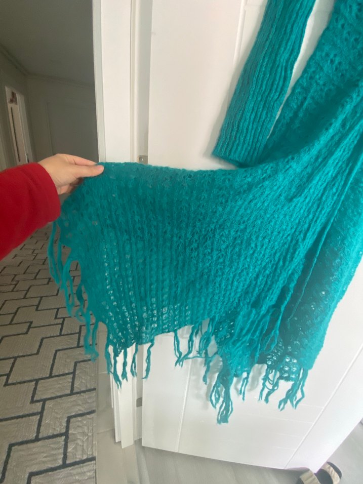 Uzun Turkuaz V Yaka Örgü Elbise - Görsel 5