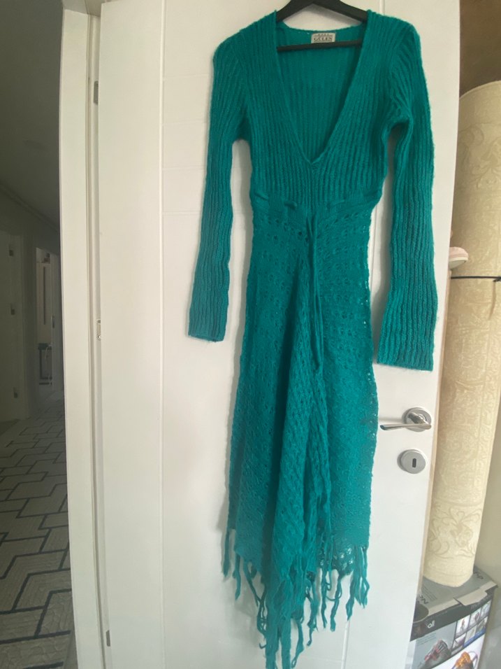 Uzun Turkuaz V Yaka Örgü Elbise - Görsel 2