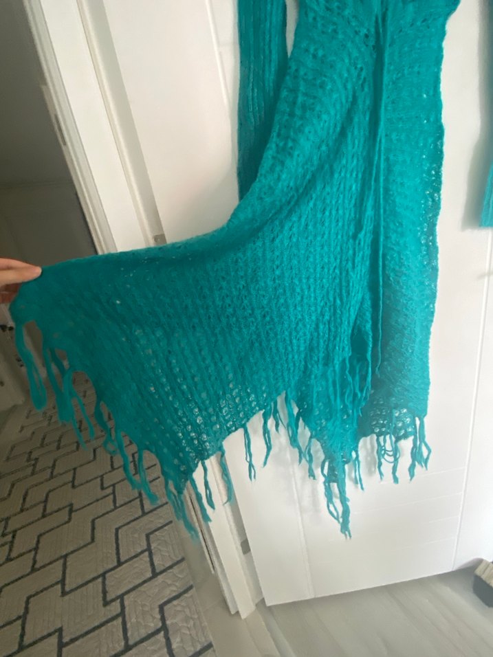 Uzun Turkuaz V Yaka Örgü Elbise - Görsel 3