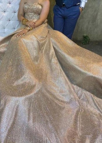 Anna Perenna gold Straplez demonte kuyruklu simli Uzun Abiye