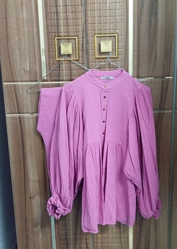 Pembe Uzun Kollu Keten Bohem Tunik takım