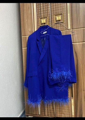 Kadın Mavi Uzun Kürklü Blazer