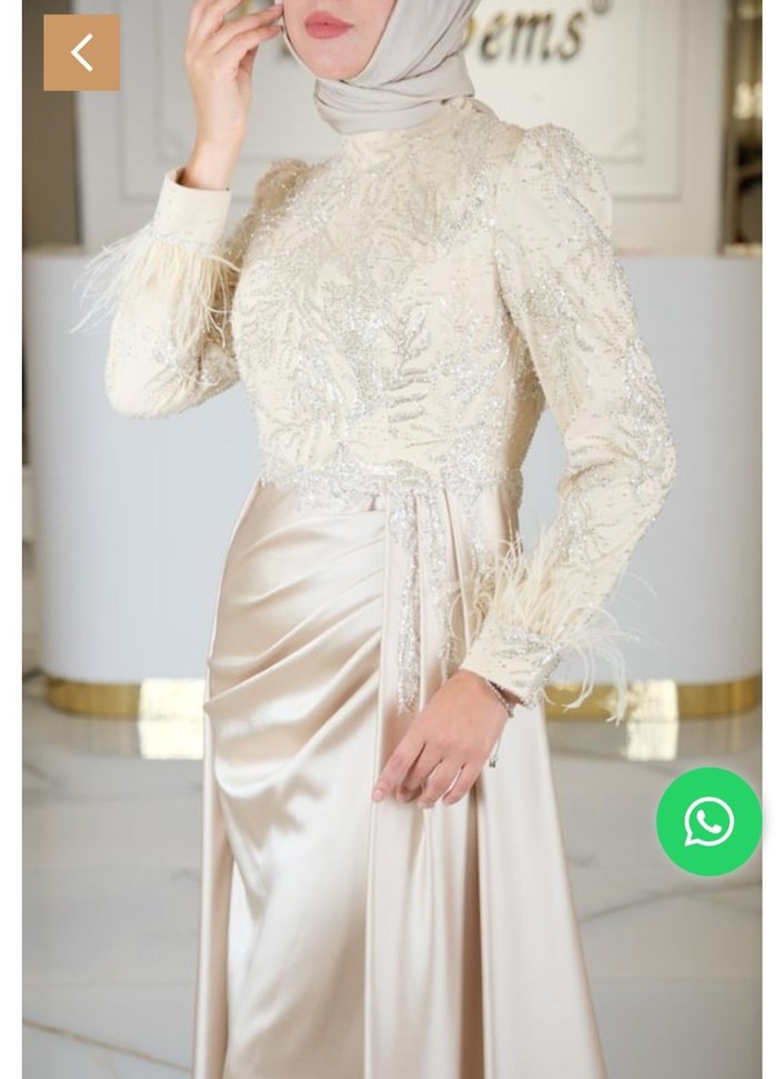 Bej Nakışlı Uzun Kollu Drapeli Abiye Elbise - Görsel 3