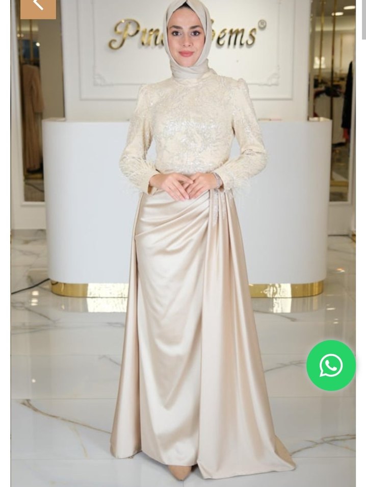 Bej Nakışlı Uzun Kollu Drapeli Abiye Elbise - Görsel 5