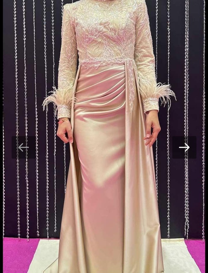 Bej Nakışlı Uzun Kollu Drapeli Abiye Elbise - Görsel 2