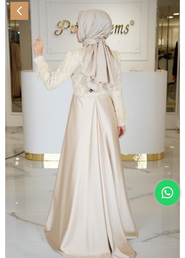 Bej Nakışlı Uzun Kollu Drapeli Abiye Elbise - Görsel 4