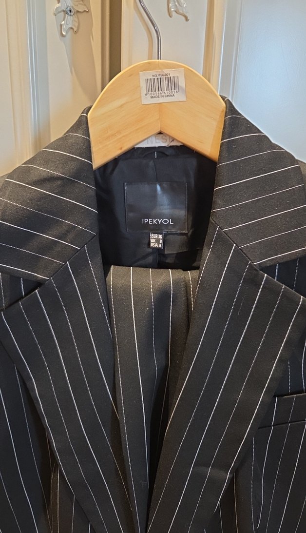 Düğmeli Çizgili Siyah Kadın Blazer pantalon takımı - Görsel 2