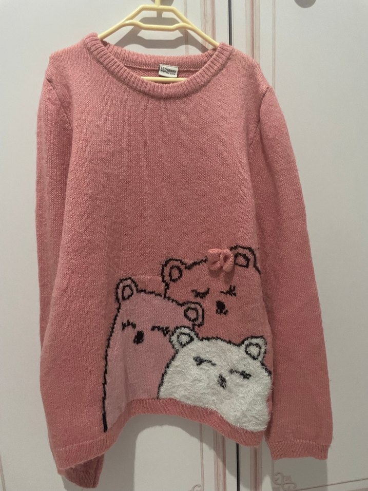 Kız Çocuk Pembe Nakışlı Triko Kazak - Görsel 3