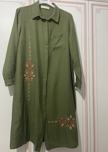 Uzun Kollu Nakışlı Haki Bohem Tunik