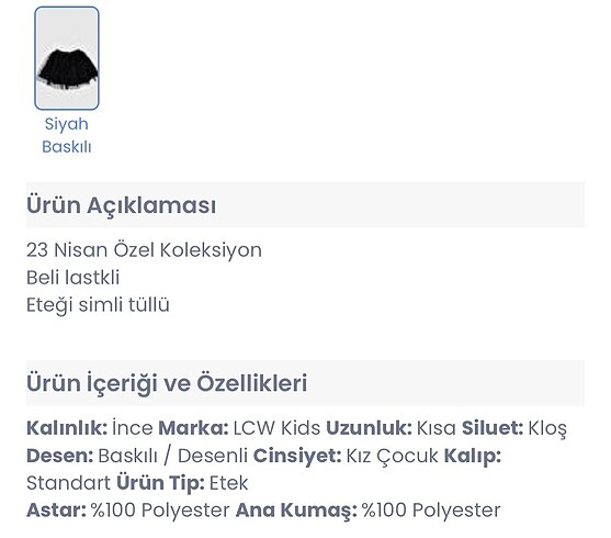 8 Yaş Beden siyah Renk 8/9 yaş etek