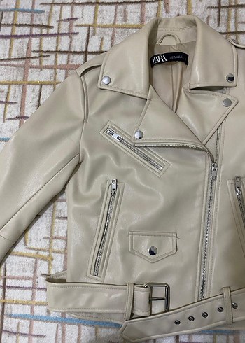 Bej Kadın Deri Ceket, Tokalı, Midi Boy - Görsel 3