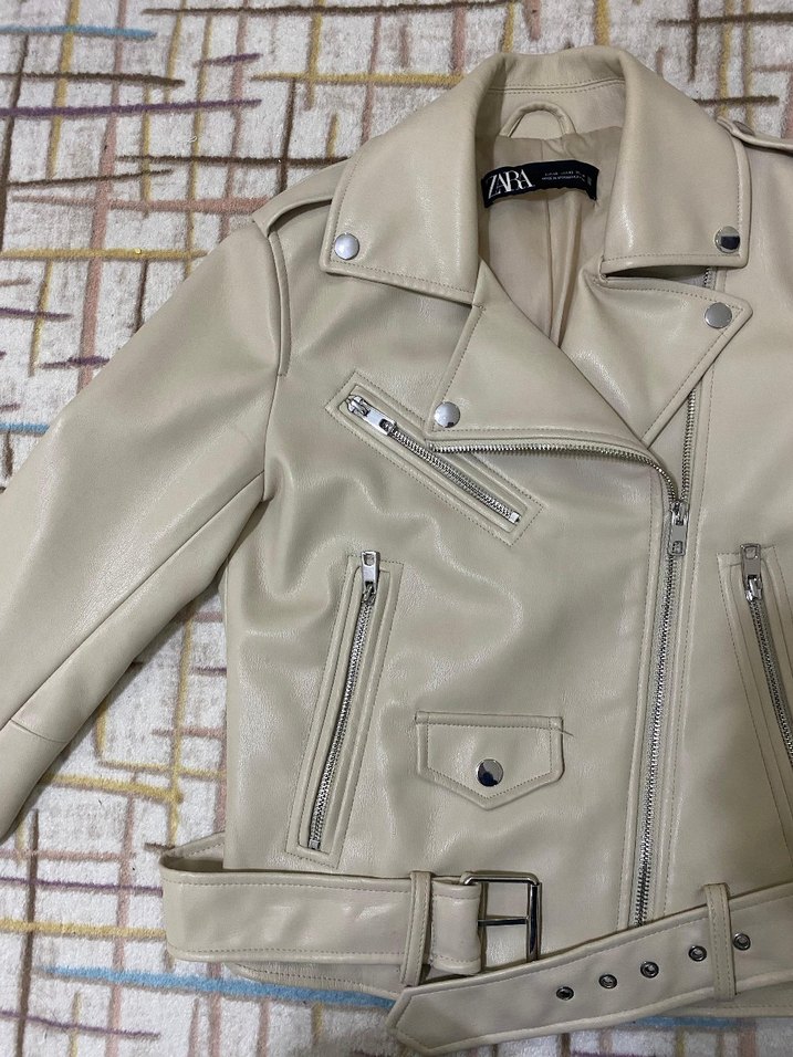 Bej Kadın Deri Ceket, Tokalı, Midi Boy - Görsel 3