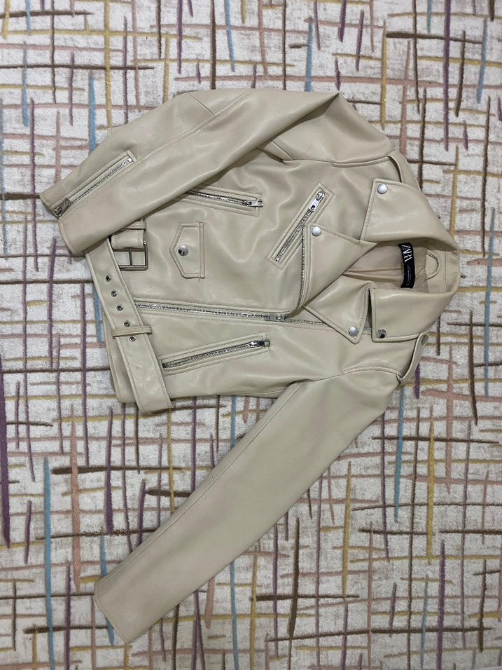 Bej Kadın Deri Ceket, Tokalı, Midi Boy - Görsel 5