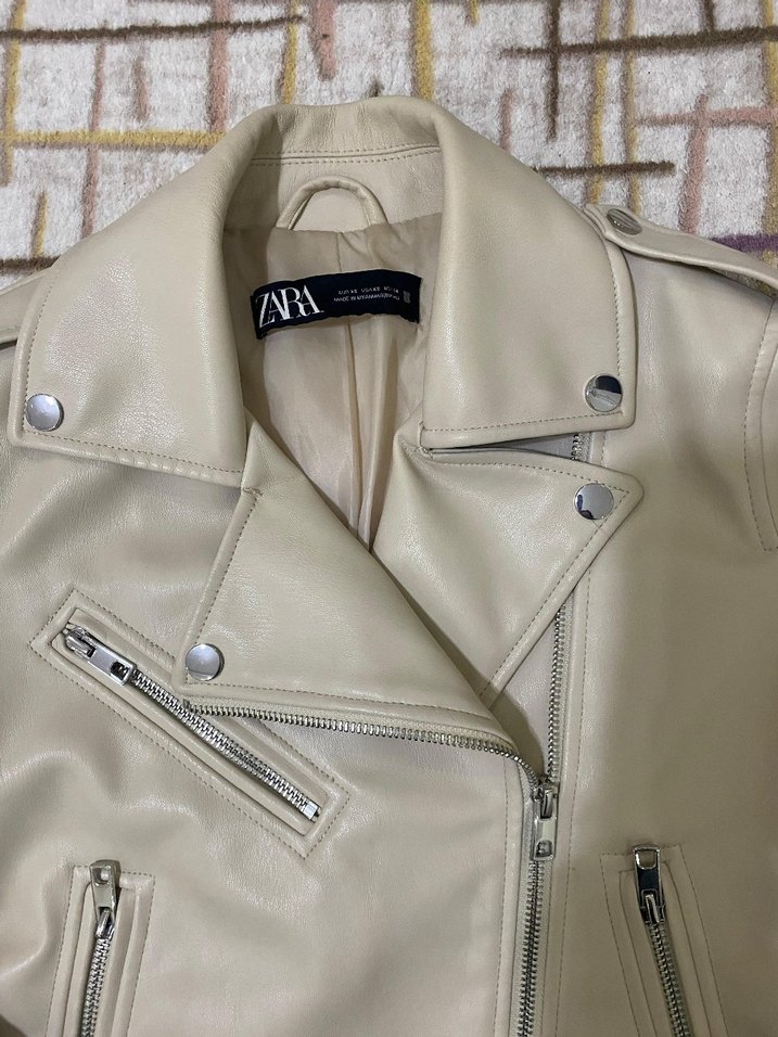 Bej Kadın Deri Ceket, Tokalı, Midi Boy - Görsel 4