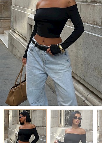 Siyah madonna yaka esnek crop bluz
