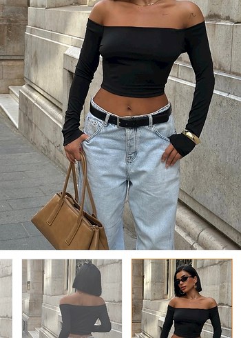 Diğer Siyah madonna yaka esnek crop bluz