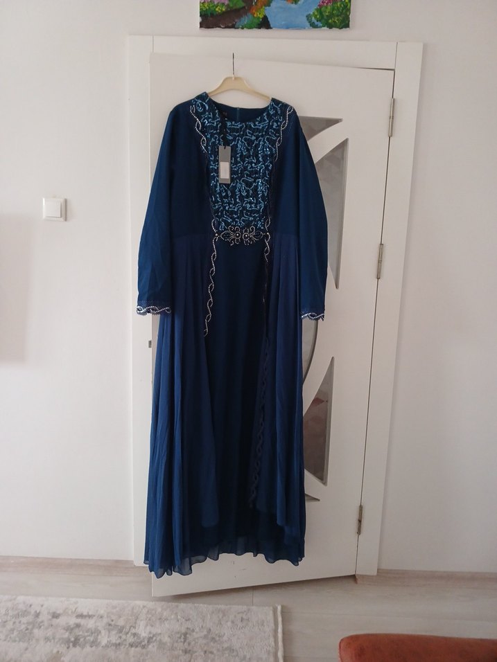 Nakışlı Lacivert Uzun Abiye Elbise - Görsel 2