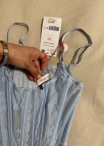 Dantel Detaylı Mavi Denim Straplez Büstiyer - Görsel 3