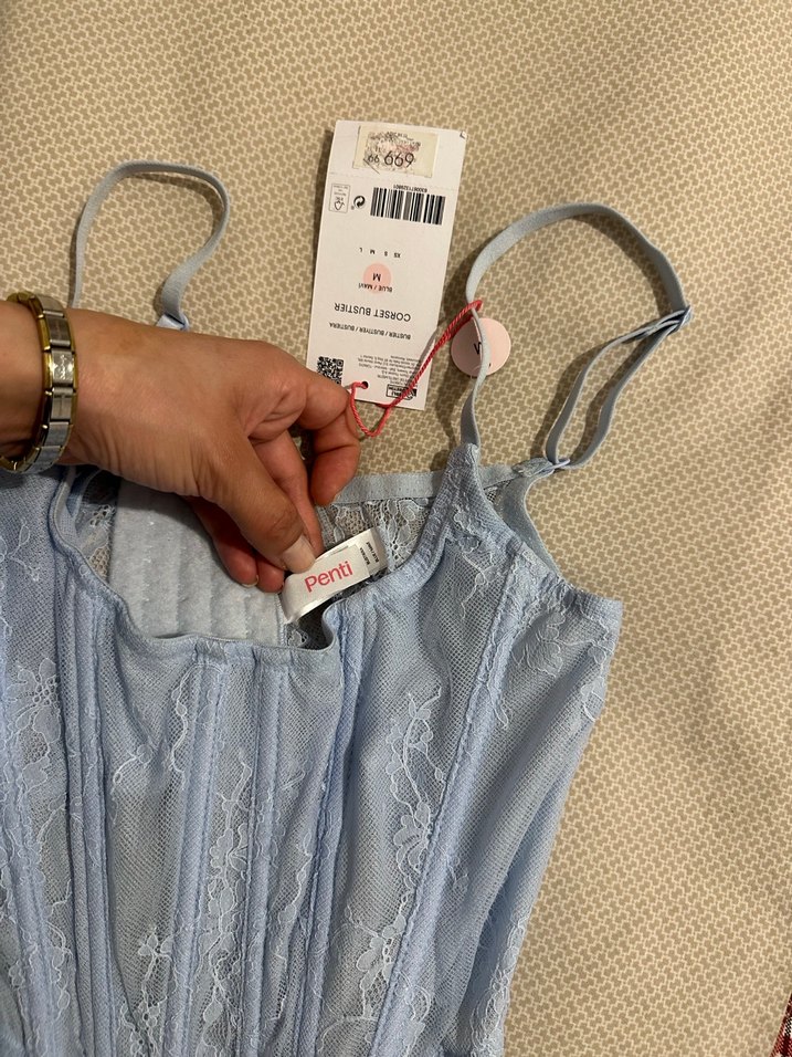 Dantel Detaylı Mavi Denim Straplez Büstiyer - Görsel 3