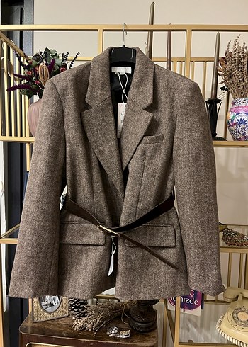 Kemerli Kahverengi Midi Kadın Blazer - Görsel 2