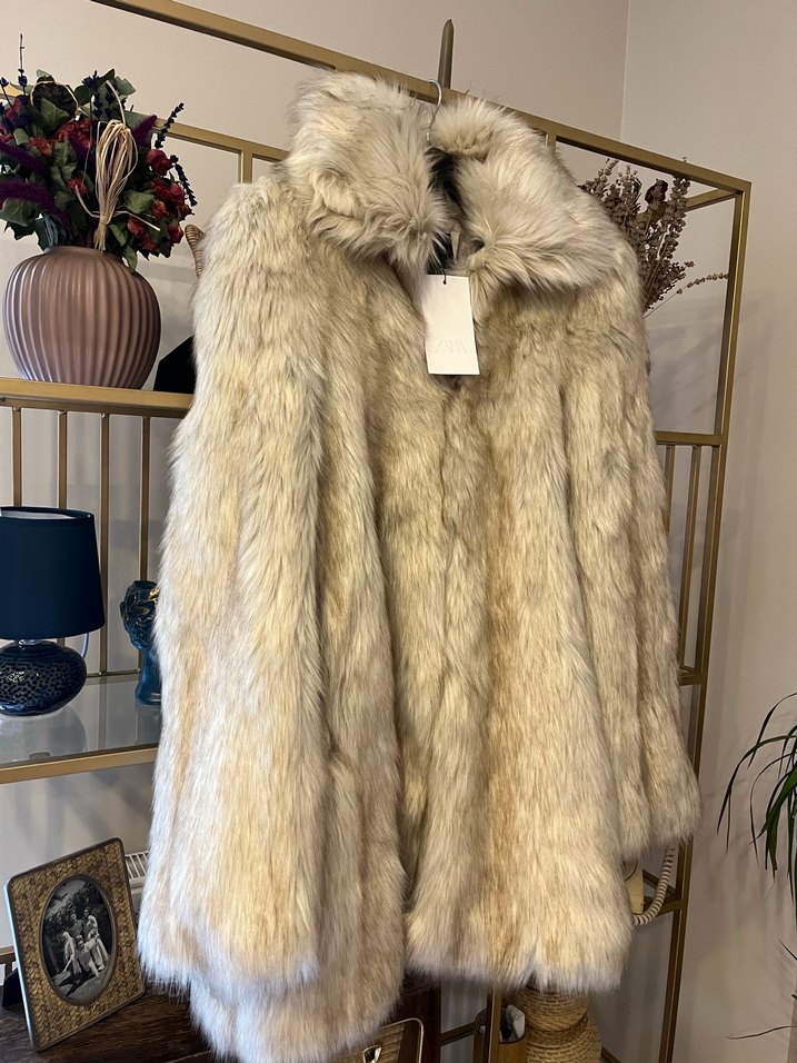 Bej Midi Boy Kadın Suni Kürk Ceket - Görsel 2