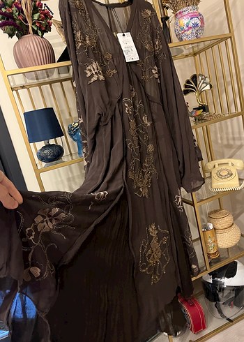 Bohem Uzun Kahverengi Nakışlı Elbise - Görsel 2