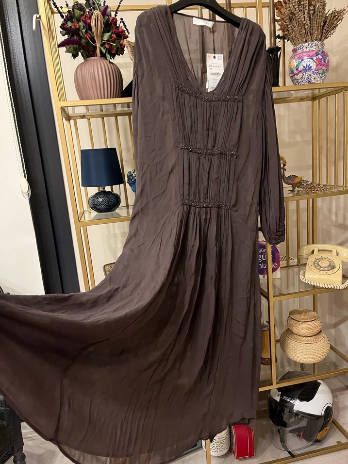 Bohem Tarz Uzun Kahverengi Elbise - Görsel 3
