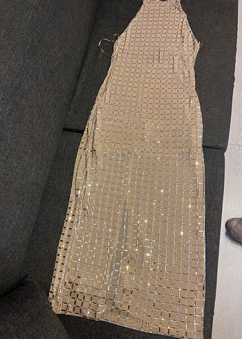 Bej Parlak Payetli Uzun Askılı Elbise - Görsel 2