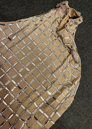 Bej Parlak Payetli Uzun Askılı Elbise - Görsel 6