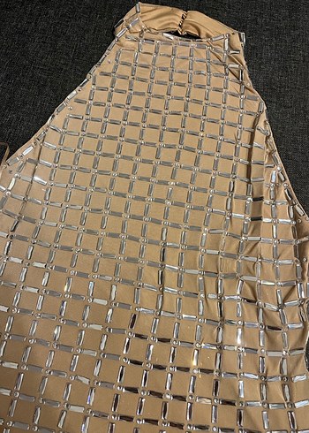 Bej Parlak Payetli Uzun Askılı Elbise - Görsel 3