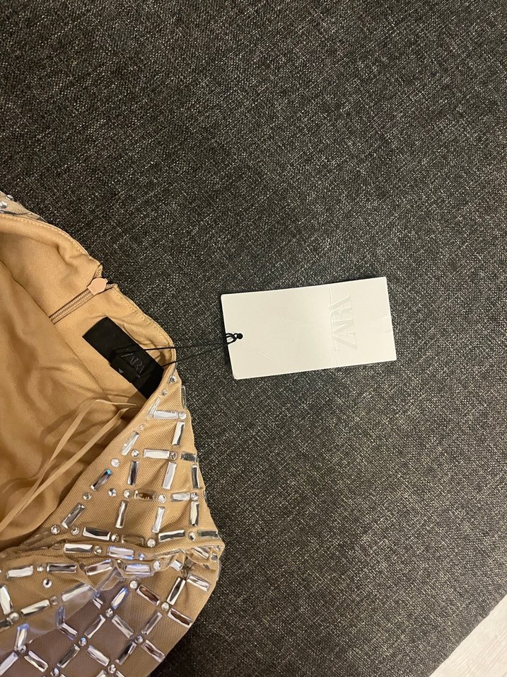 Bej Parlak Payetli Uzun Askılı Elbise - Görsel 4