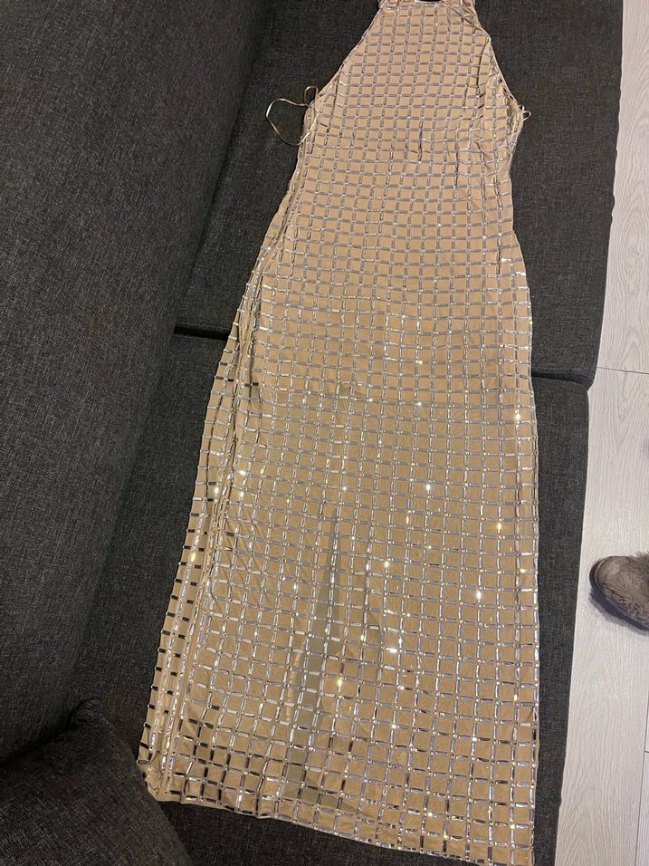 Bej Parlak Payetli Uzun Askılı Elbise - Görsel 2